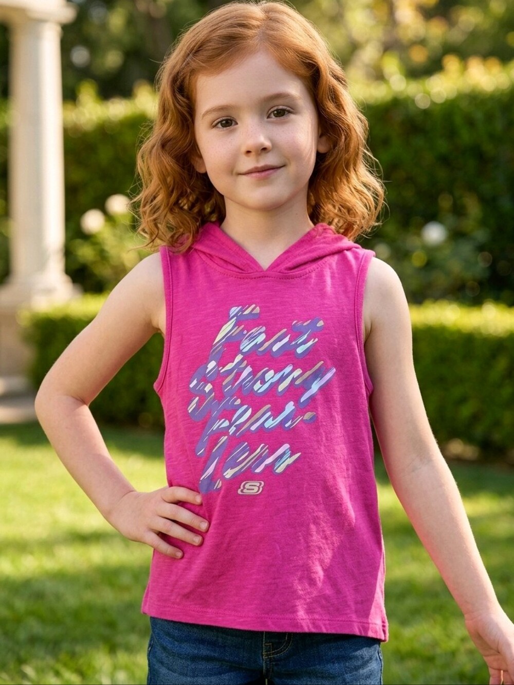 Skechers Girls 5/6 Active Fast Strong Fearless Pink Tank Top Hoodie Tee T-shirt